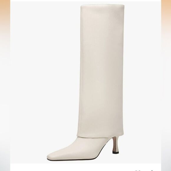 Shoes - Cream Foldover Leather Heeled stiletto boots